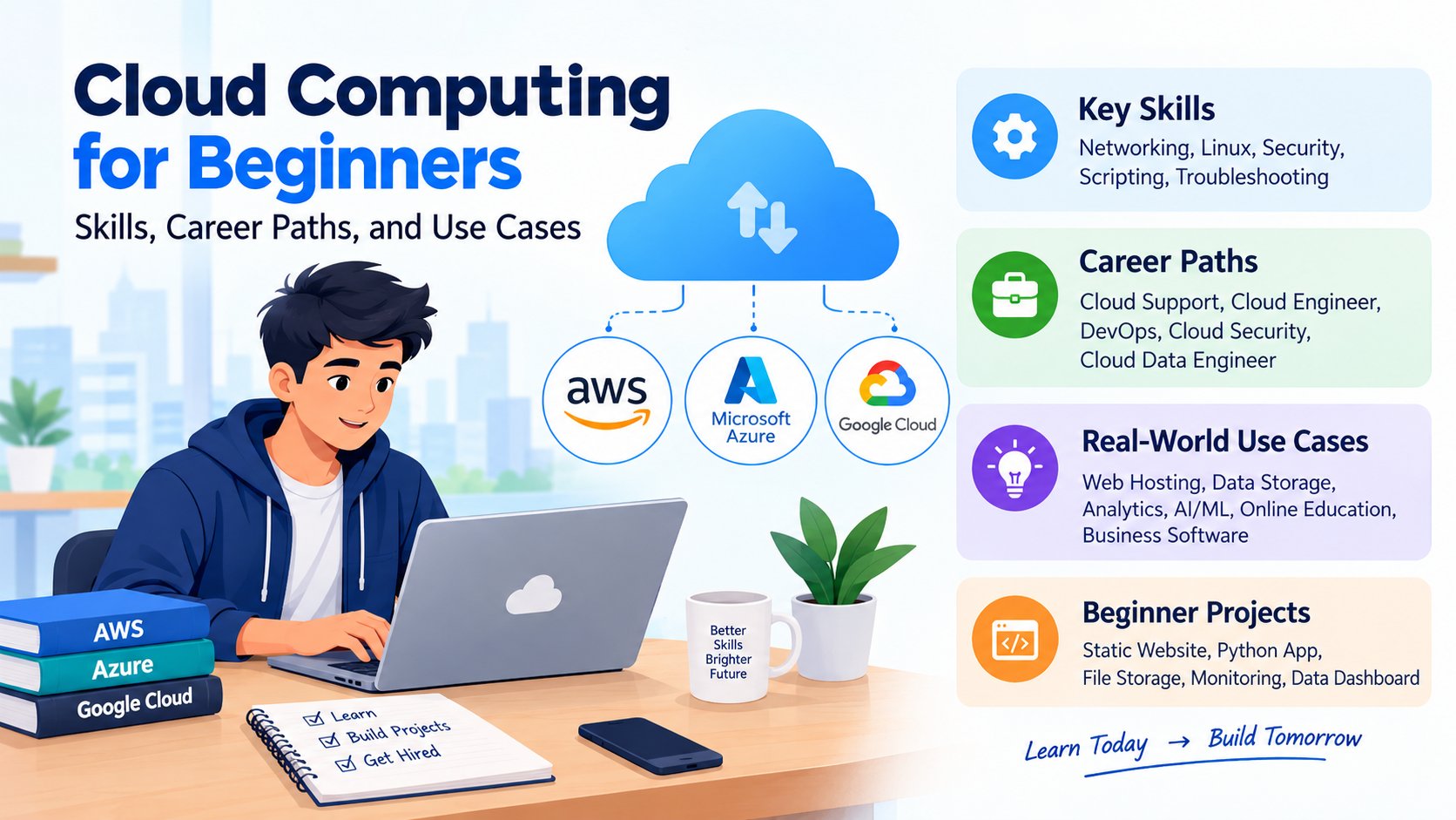 Cloud Computing for Beginners: Essential Skills, Career Paths, AWS, Microsoft Azure, Google Cloud, Real-World Use Cases, and Beginner Projects.